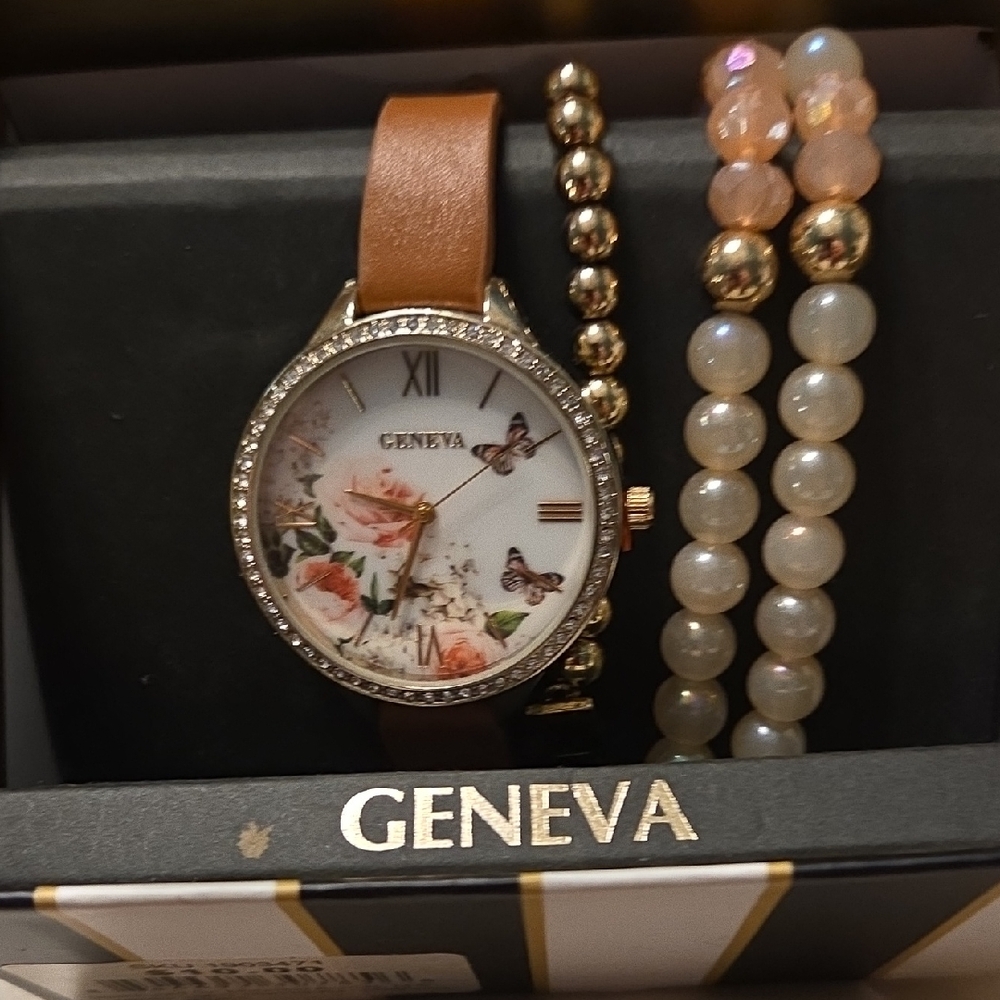 Geneva Women's Floral Dial Watch with Brown Strap and Beaded Bracelets